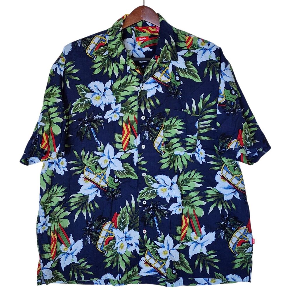 IZOD Mens Hawaiian Shirt XXL Tropical Surf Woodie Wagon Floral Aloha Beach Navy